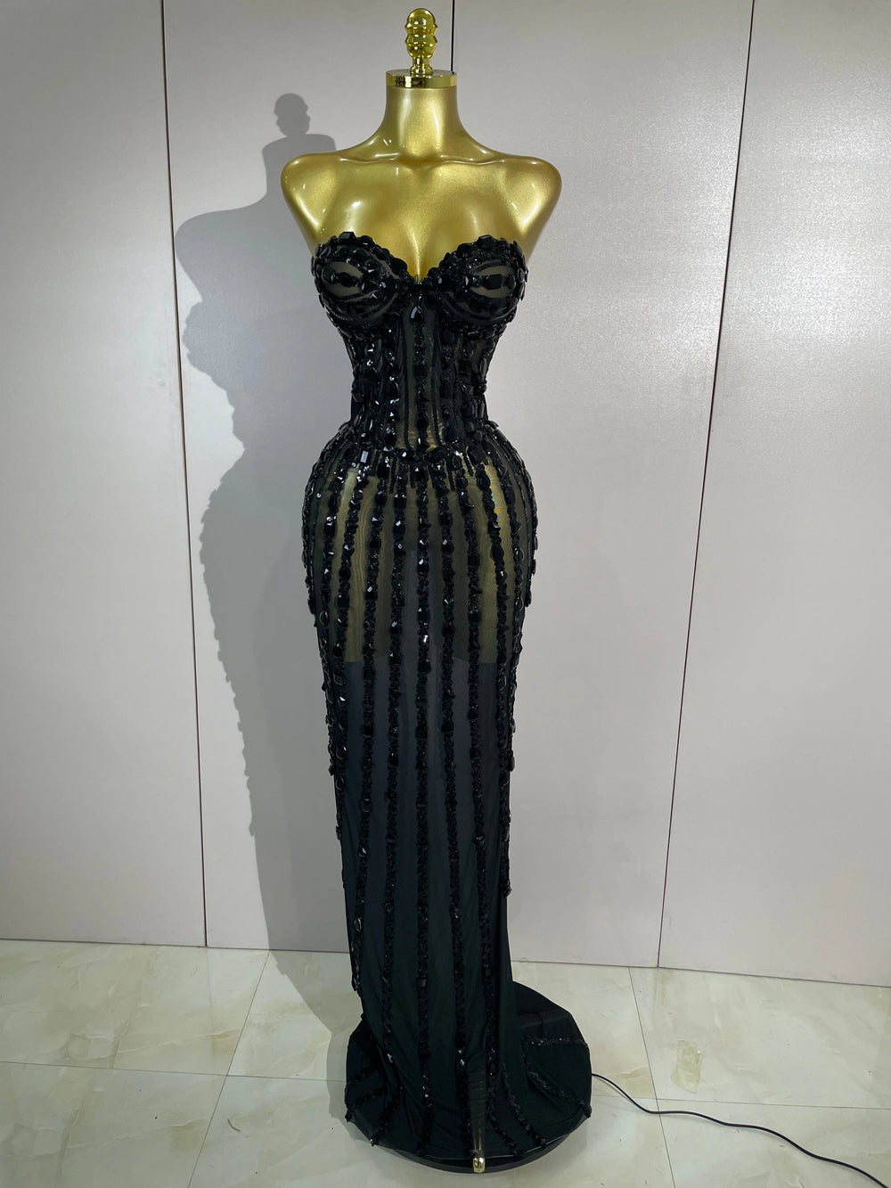 Black strapless embellished sheath dress
