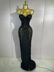 Black strapless embellished sheath dress