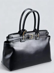 Microfiber Leather Structured Top-Handle Tote Bag – Black & Tan