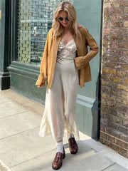 Patchwork Satin Lace Maxi Dress – Elegant V-Neck Evening Gown