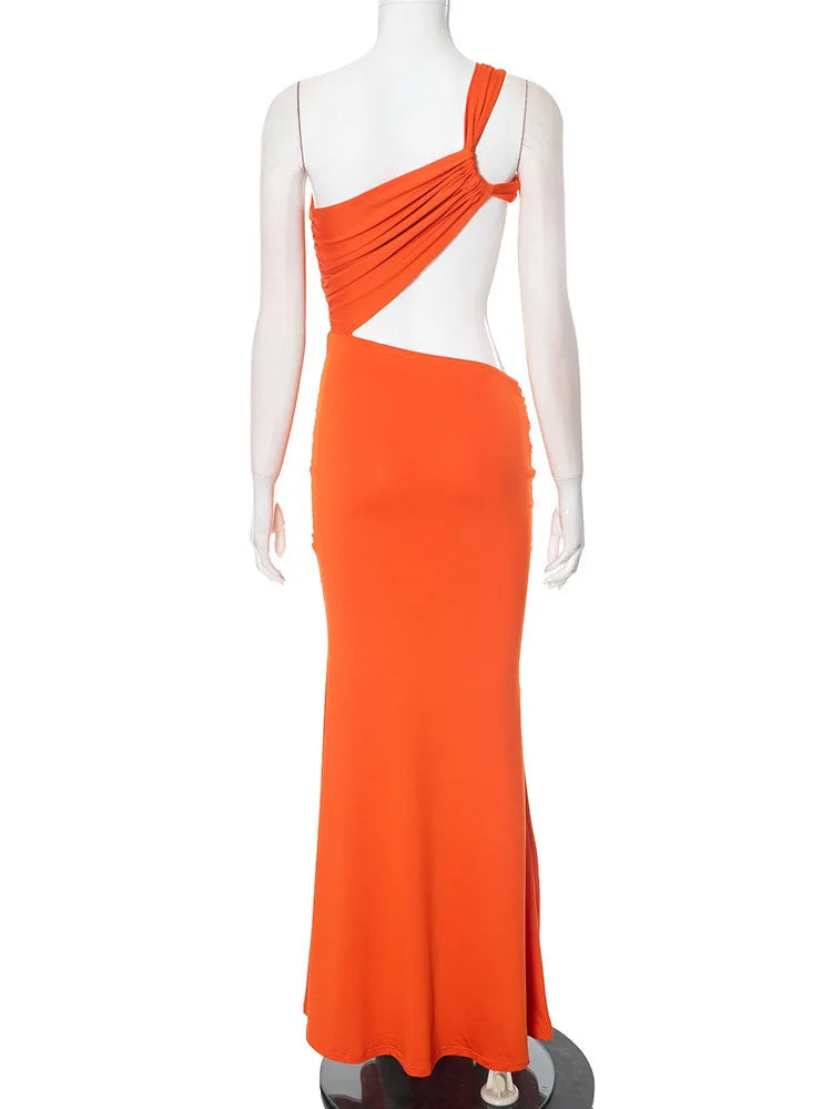 Orange and white evening gown on a mannequin against a white background