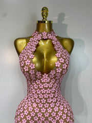 Pink Rhinestone Floral Applique Halter Neck Mini Dress