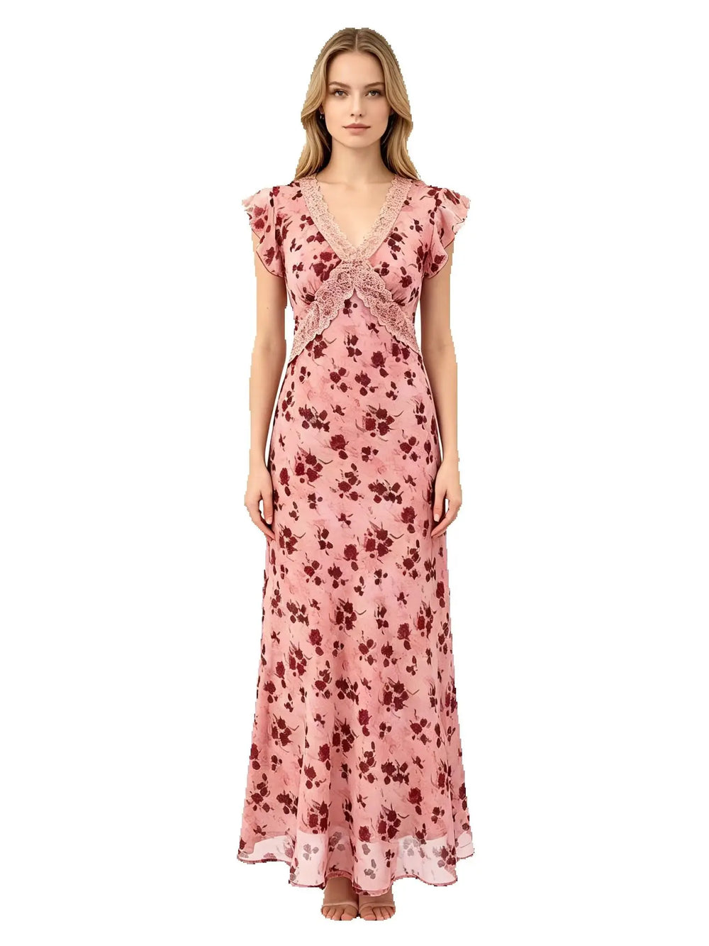 Model wearing a pink floral print ankle-length A-line dress with lace trim and flutter sleeves.