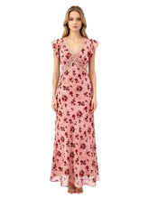 Model wearing a pink floral print ankle-length A-line dress with lace trim and flutter sleeves.