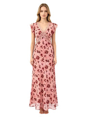 Model wearing a pink floral print ankle-length A-line dress with lace trim and flutter sleeves.