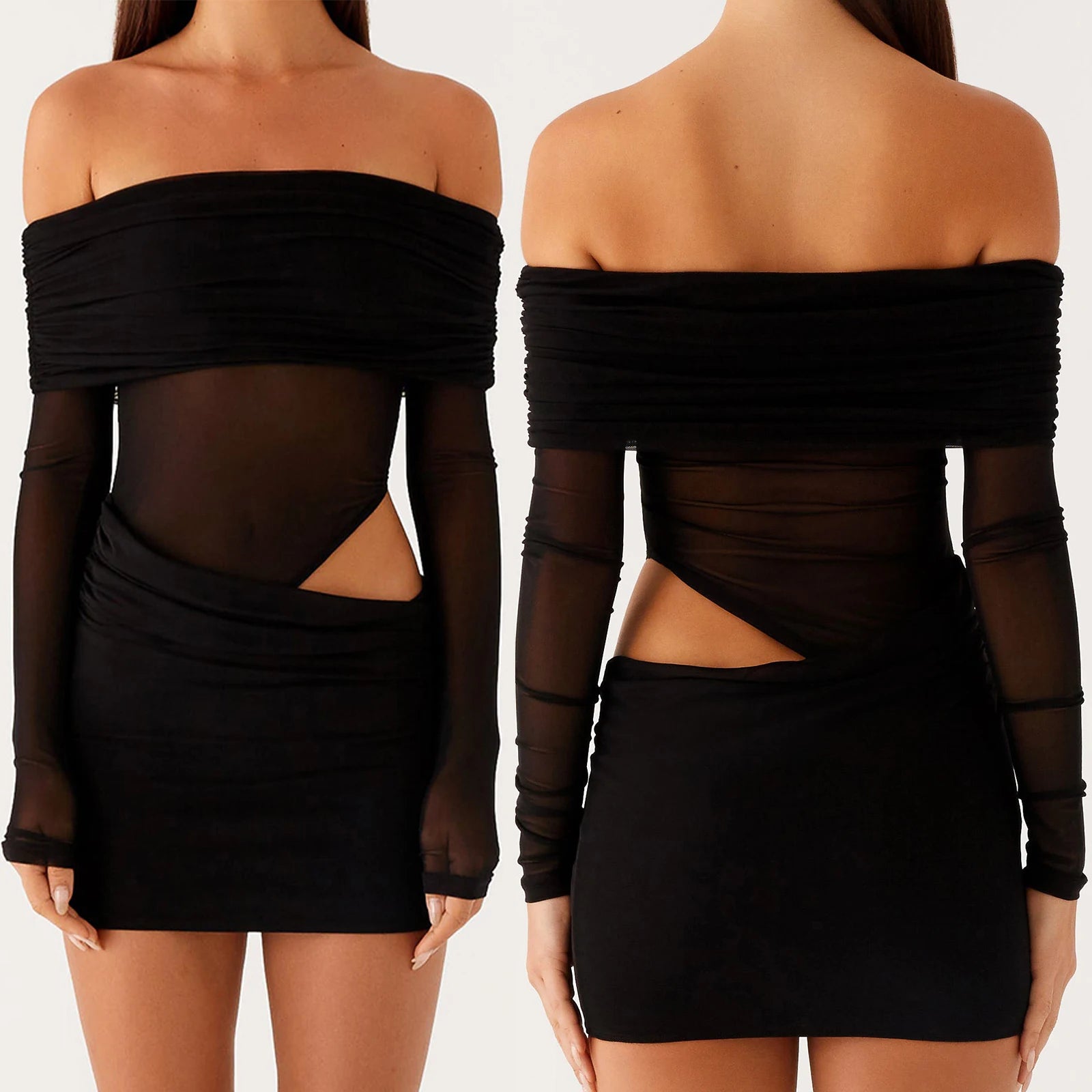 Black off-shoulder dress with mesh panels shown from front and back on a plain background