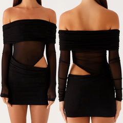 Black off-shoulder dress with mesh panels shown from front and back on a plain background