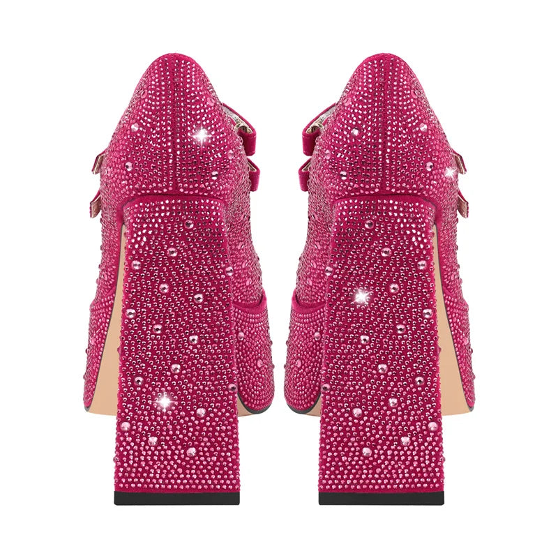 Back view of rhinestone platform Mary Jane heels with chunky block heel.