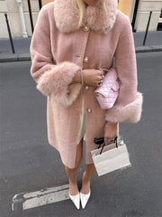 Faux fur collar overcoat with relaxed straight sleeves