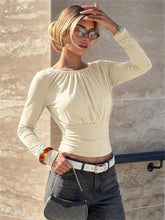 Ruched neck long sleeve top in beige