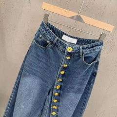 Patchwork Button Intricate Design Wide Leg Denim Pants