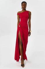 Full-length view of a red one-shoulder maxi dress with a high split