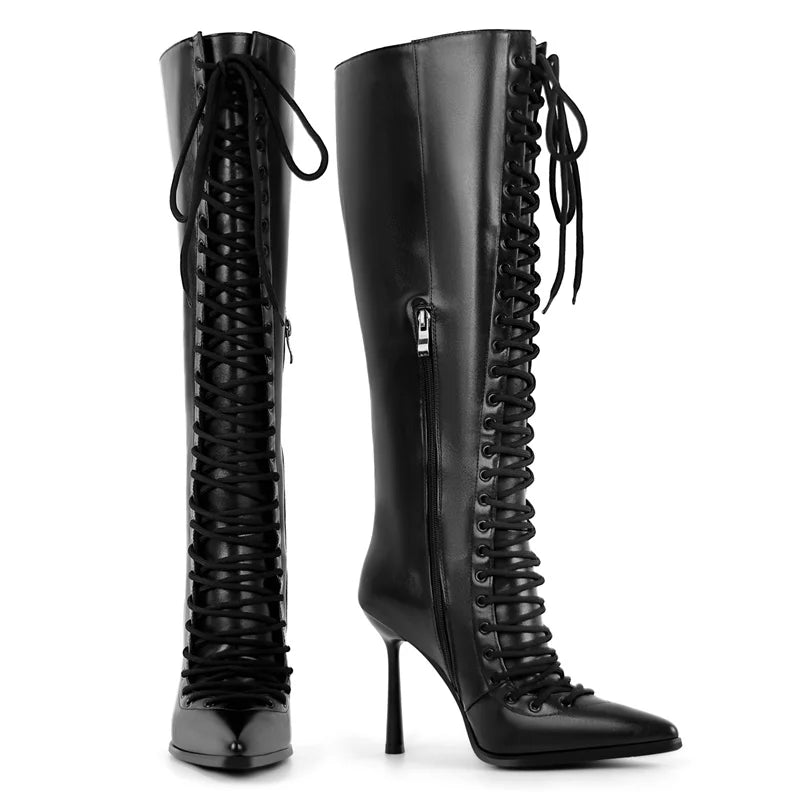 Lace-up pointed toe knee-high boots in black faux leather with stiletto heel