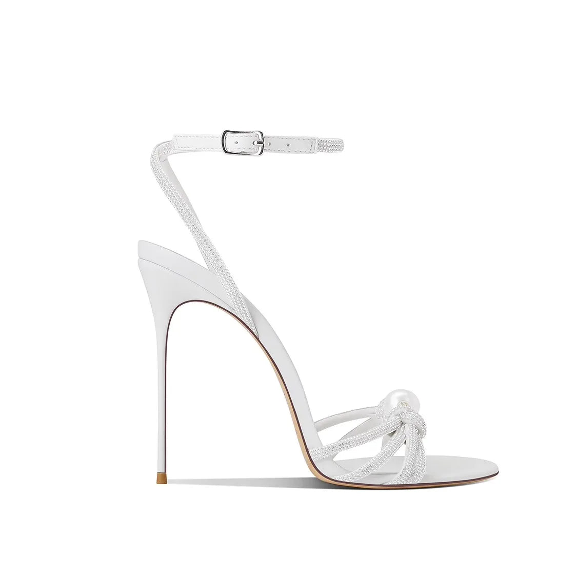White high-heeled sandal with ankle strap on a white background