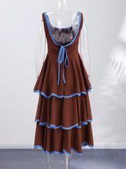 Tiered Contrast Seam Ruffle Trim Sleeveless Maxi Dress