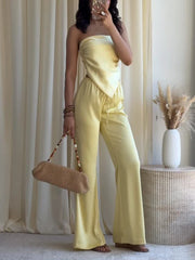 Yellow strapless tube top and wide leg pants set