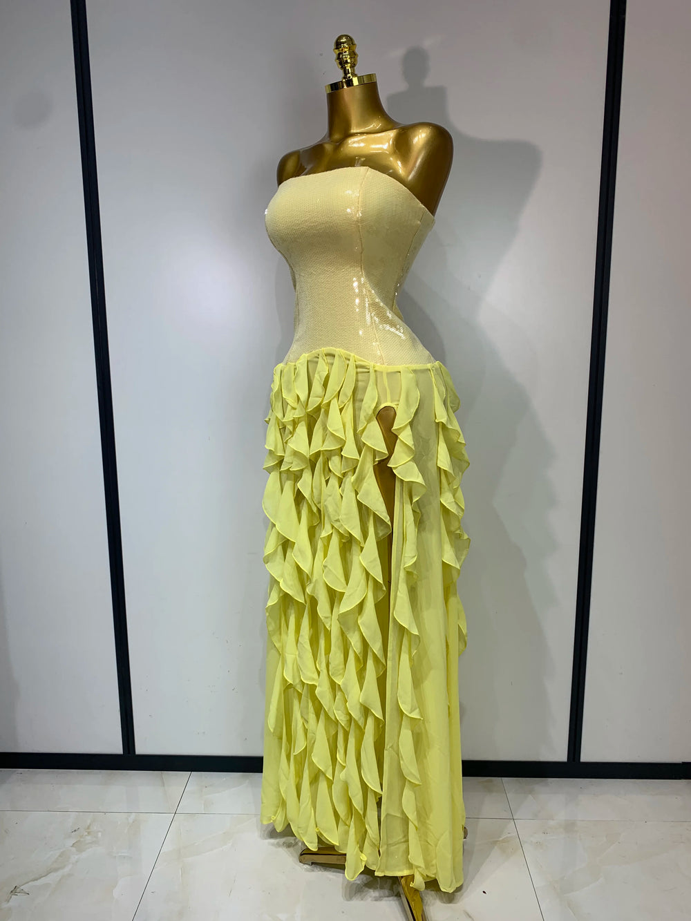Strapless sequin bodice ruffled chiffon floor-length dress profile
