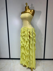 Strapless sequin bodice ruffled chiffon floor-length dress profile
