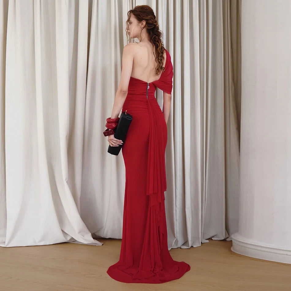 Red fishtail hem dress with draped detailing