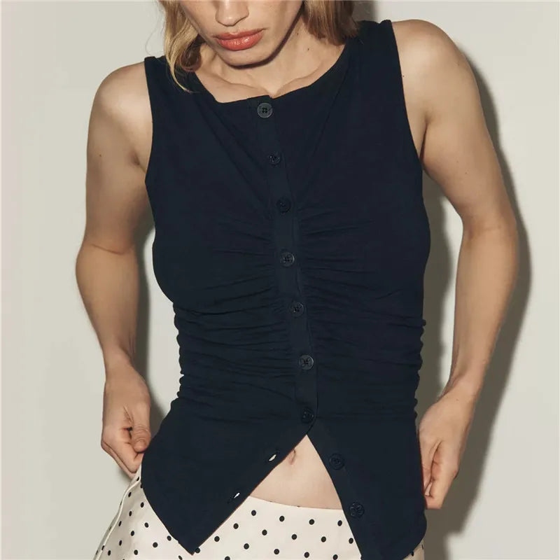 Navy ruched button front sleeveless tank top