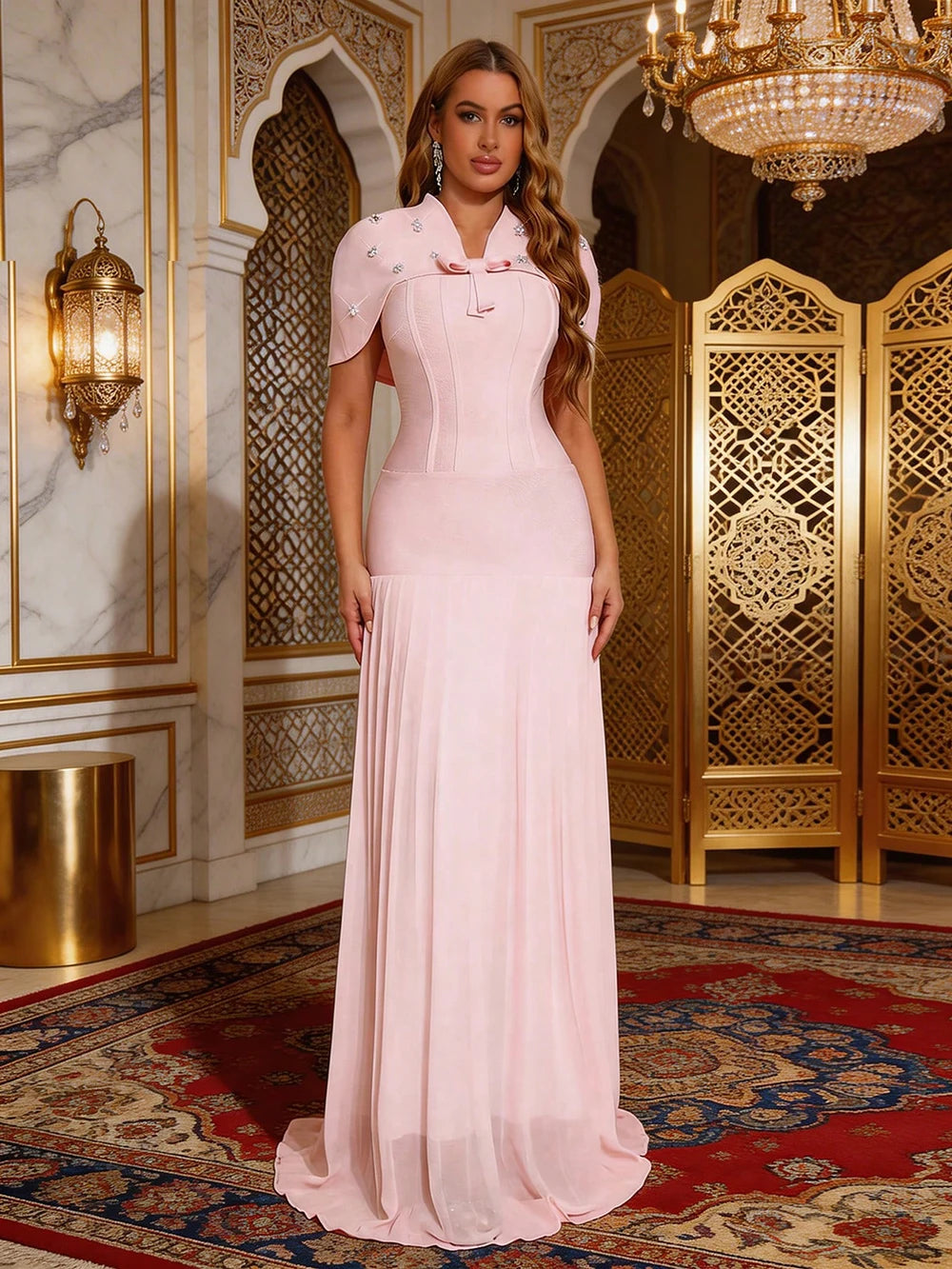 Pink beaded shawl sleeve maxi dress with pleated hem