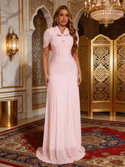 Pink beaded shawl sleeve maxi dress with pleated hem