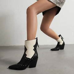 Studded Pointed Toe Block Heel Ankle Boots