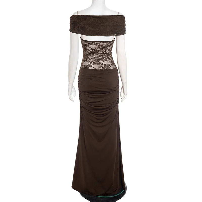 Brown off-shoulder evening gown on a mannequin against a white background