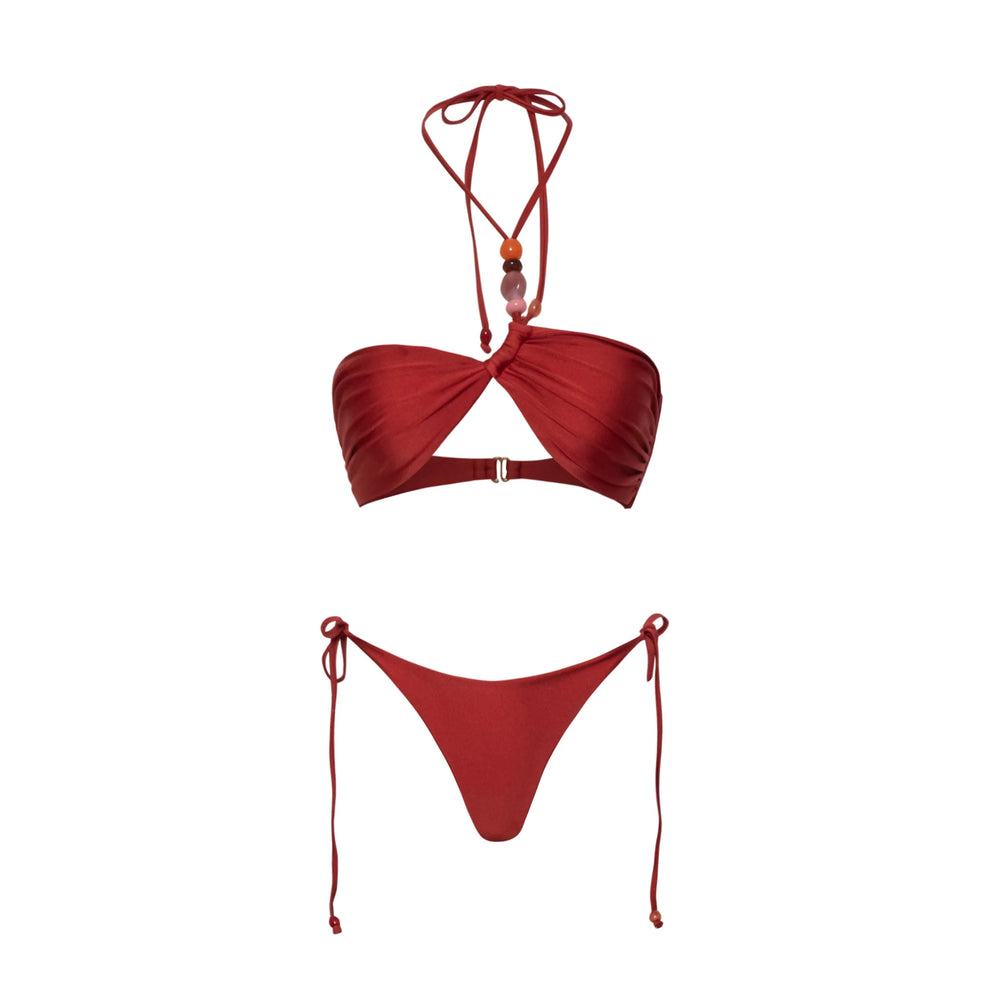 Red twisted bikini top and matching maxi skirt cover-up set.