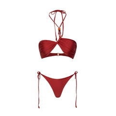 Red twisted bikini top and matching maxi skirt cover-up set.