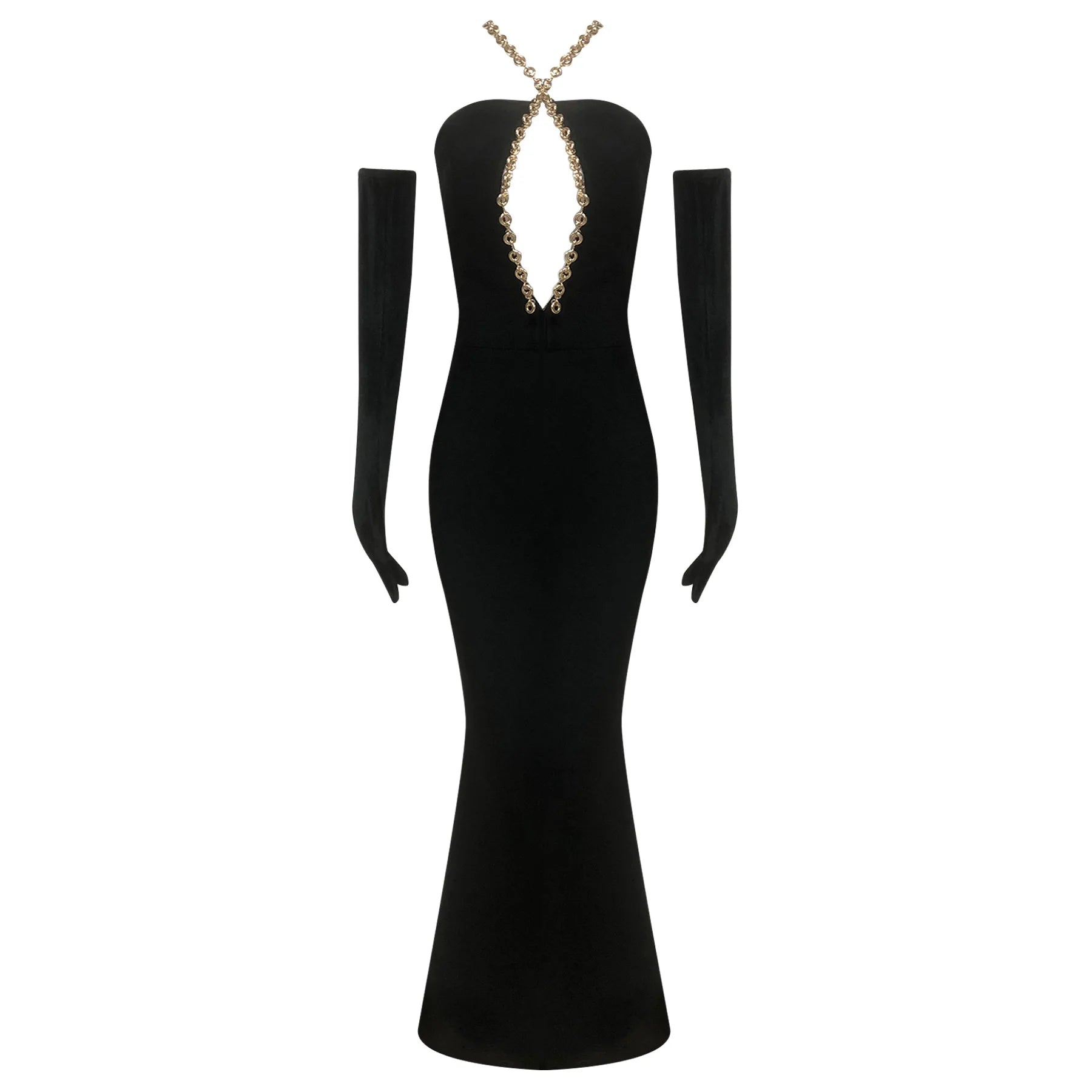 Black evening gown with long sleeves and a decorative back