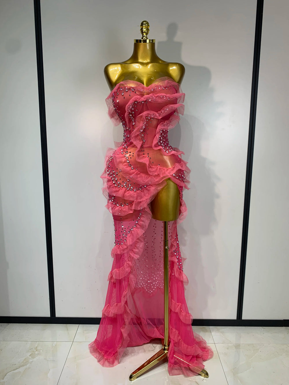 Strapless ruffled diamond dress