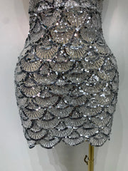 Strapless Sequin Scallop Mini Dress