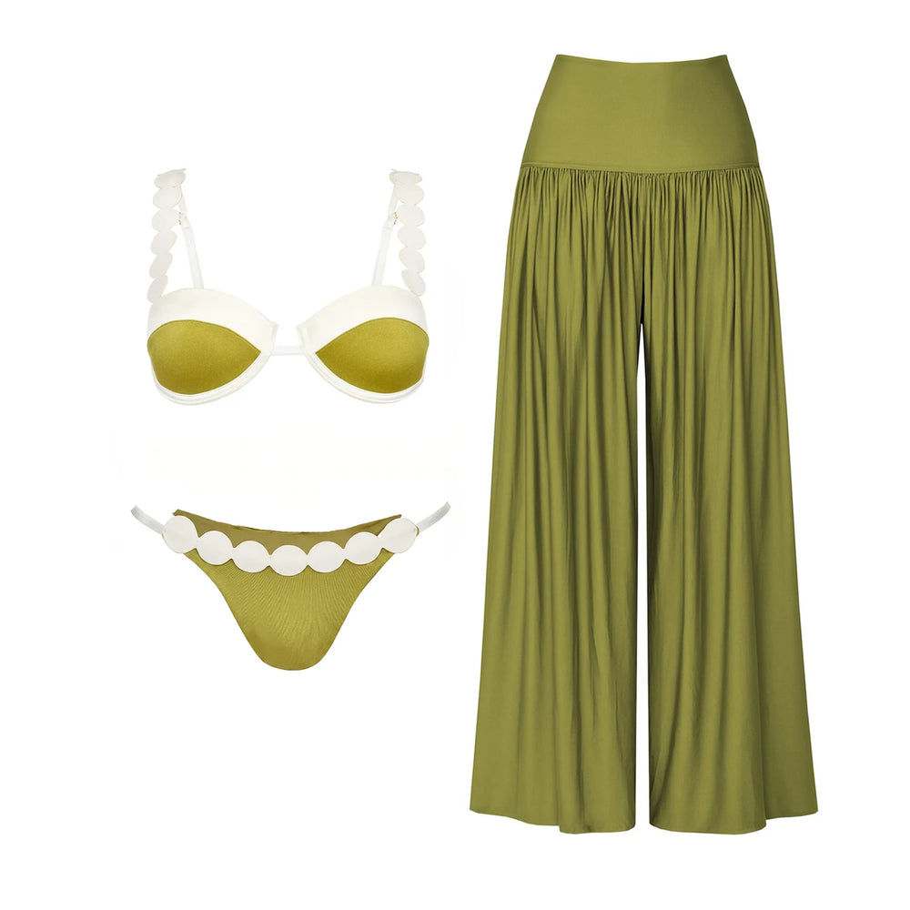 Olive green bikini with white scallop trim and olive green wide-leg pants