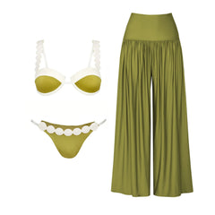 Olive green bikini with white scallop trim and olive green wide-leg pants