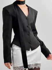 Padded Shoulder V-Neck Blazer With Scarf