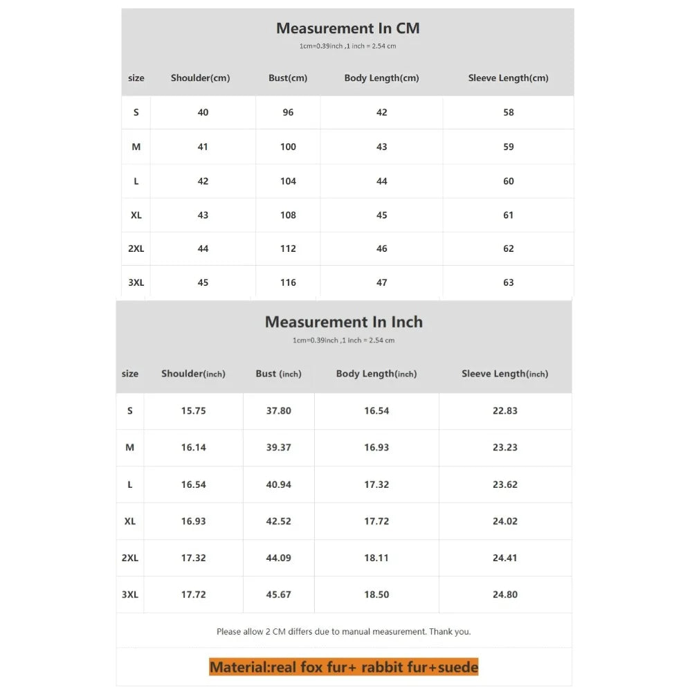 Measurement chart for clothing sizes in centimeters and inches.