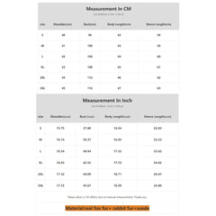 Measurement chart for clothing sizes in centimeters and inches.