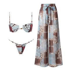 Patchwork print bikini set with wide-leg pants cover-up.