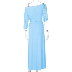 Diagonal Collar Ruched Bodycon Maxi Dress with Metallic Stud Detail