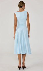 V-Neck Wrap Sleeveless Ruched Midi Dress