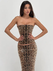 Sparkle Leopard Print Strapless Top And Midi Skirt Matching Set