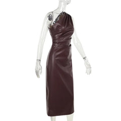 Brown halter neck dress on a mannequin against a white background