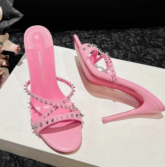 Pink studded open toe stiletto heel