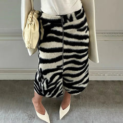 Zebra Print Faux Fur Midi Skirt