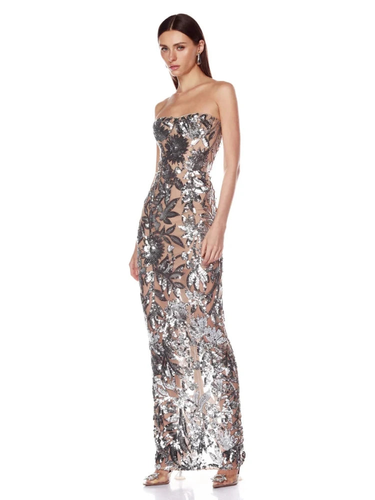 Strapless sheath sequined leaf applique ankle-length dress side view