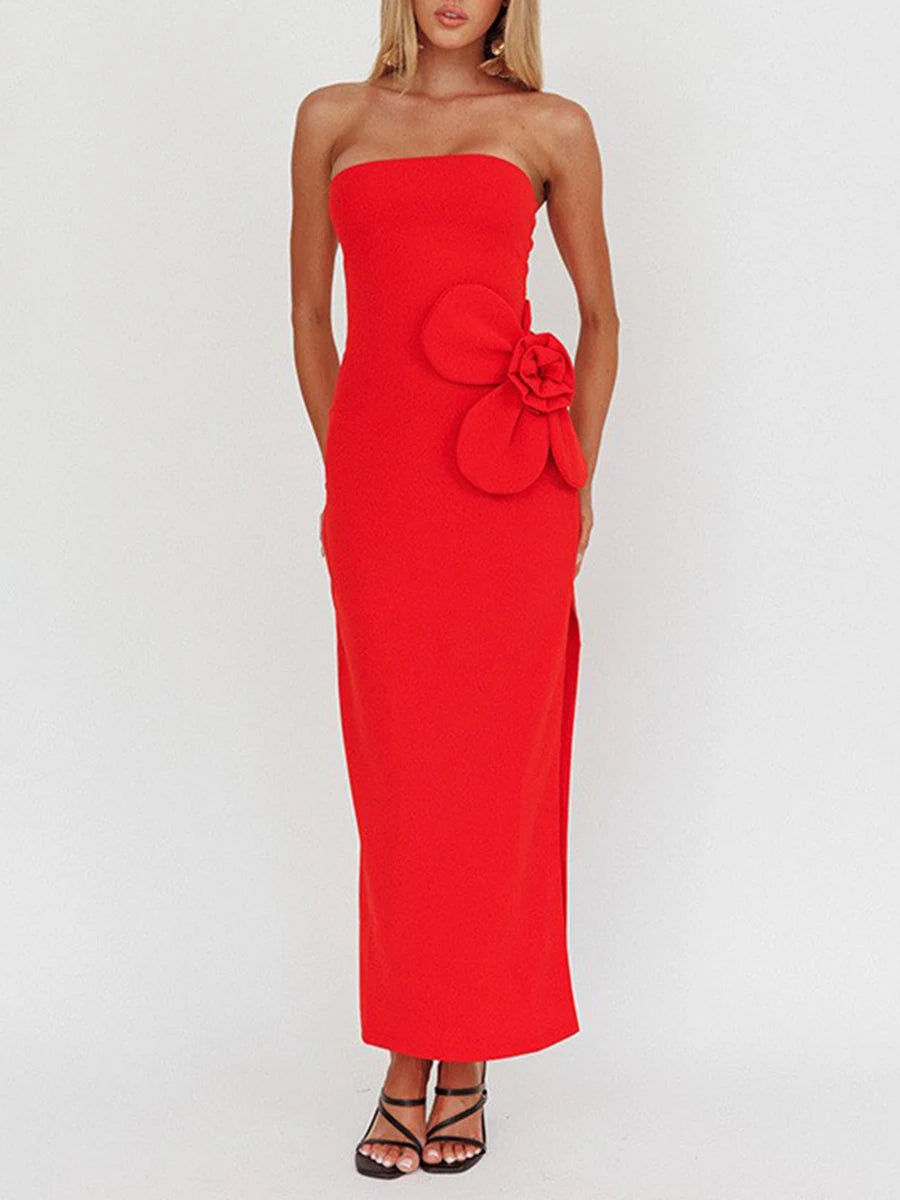Red strapless dress with a large flower detail