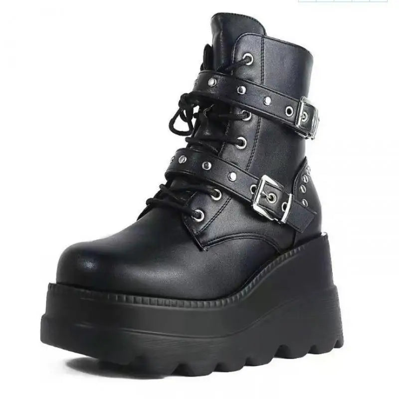 Black platform boot with multiple straps and buckles on a white background