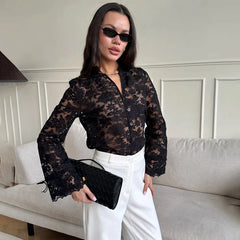 Sheer floral lace button-up top with flared cuffs