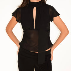 Black top with cut-out design on a white background